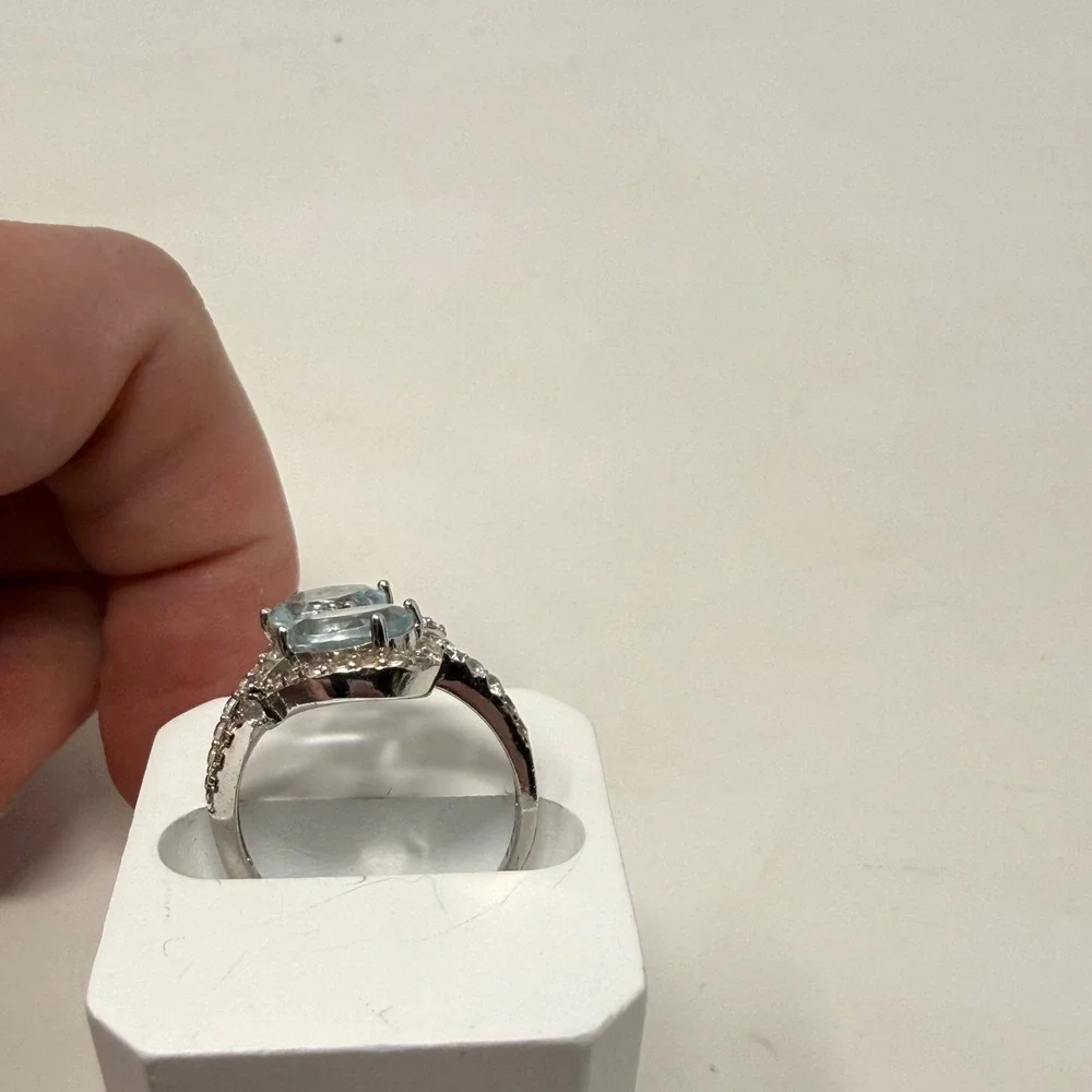 925 Sterling Silver Blue Topaz Aquamarine Bypass Halo Ring Size 7 FZN CN‎